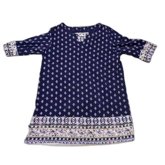 Lucky Brand Tunic XL Blue Batik Print Contrast Hem 3/4 Sleeve Bohochic Top - Picture 2 of 10